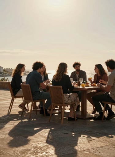 A group of friends sharing a meal outdoors at sunset, long shadows, charcoal and terracotta accents, cinematic European / Portuguese lifestyle.