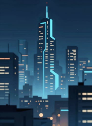 Atmospheric concept art of a futuristic neon city at night, utilizing deep navy (#1A202C) and light blue (#A7BCCB) highlights, cinematic lighting, sharp details, game developer portfolio style.