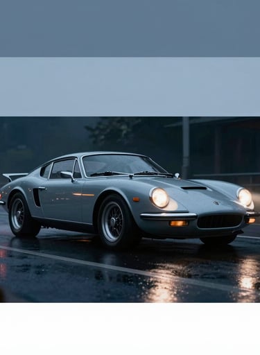 A cinematic still of a dramatic night scene featuring a vintage sports car with glowing reflections on wet asphalt. Sophisticated storytelling mood. Incorporating #1B263B, #415A77, #A0B0C0, #E0E1DD.