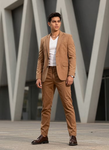 Retrato de plano medio de un influencer latinoamericano con vestimenta sofisticada en tonos tierra, posando frente a una estructura arquitectónica moderna, estilo auténtico y aspiracional.