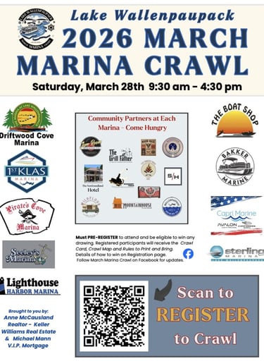 Poster for the Lake Wallenpaupack 2026 March Marina Crawl featuring participating local marinas and food partners.