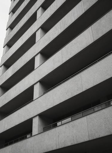 High-end corporate building interior in São Paulo, sharp architectural lines, soft natural light, minimalist composition, gray and white tones.