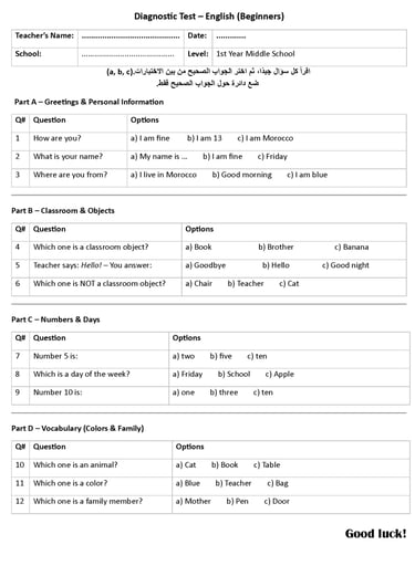 Diagnostic test for 1st year middle school for Moroccan English teachers