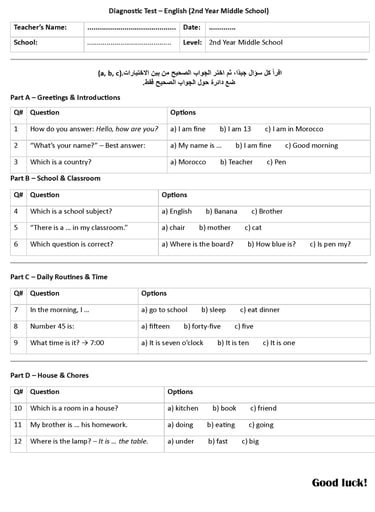 Diagnostic test for 2nd year middle school for Moroccan English teachers