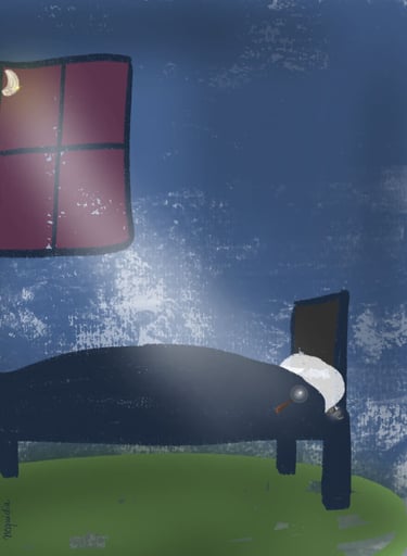 Illustration d’une chambre sombre avec un lit d’enfant et une petite souris des dents cachée sous la couverture