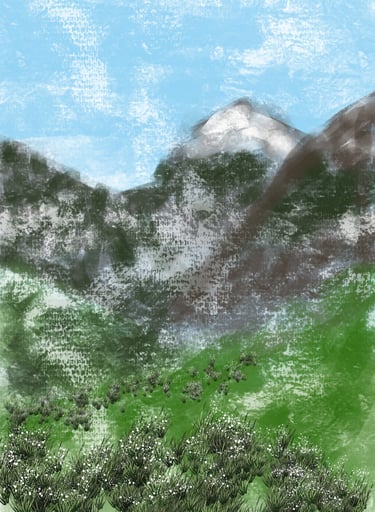 Illustration de paysage de montagne verdoyant avec fleurs blanches sous un ciel bleu texturé