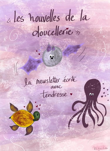 Illustration pastel de la newsletter Les nouvelles de la doucellerie avec personnages poétiques colorés.