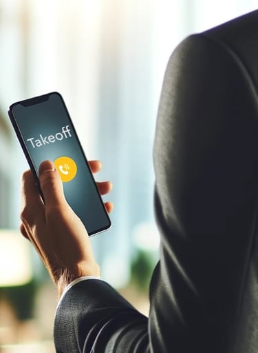 une personne tenant un télephonee, le logo de Takeoffsolution sur l'écran et un bouton d'appel