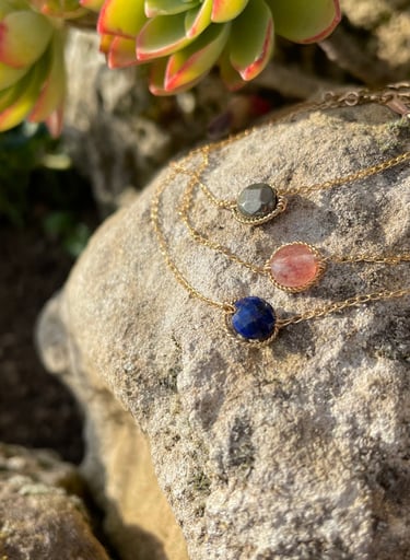 a necklace with a necklace with a blue and yellow necklace
