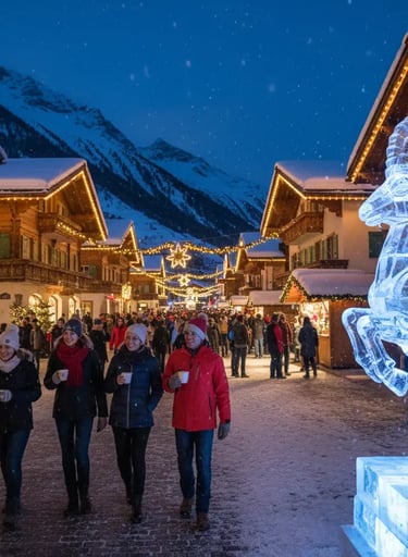  Cozy Alpine village street with lights and snow-covered roofs.