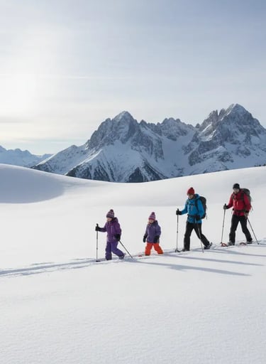Family snowshoeing together on a quiet winter trail.