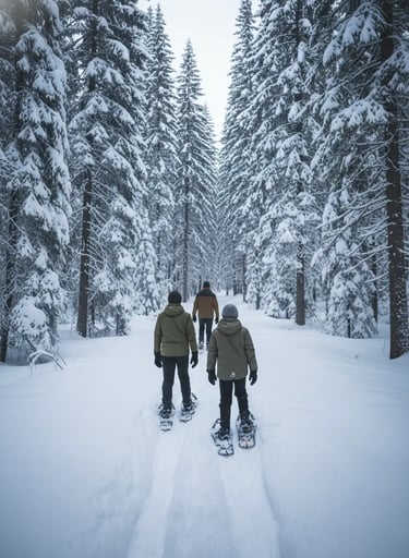 Family snowshoeing together on a quiet winter trail.