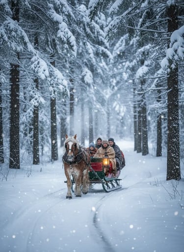  Horse-drawn sleigh ride through a snowy forest in the Alps.