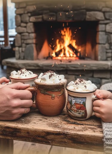 Three mugs of hot cocoa with whipped cream on a rustic wooden table in front of a cozy stone firepla