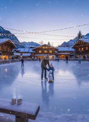 Family ice skating outdoors in a snowy Alpine village at night.