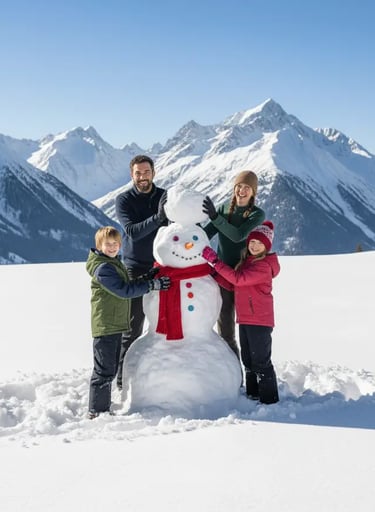 A happy family of four posing next to a large snowman on a snowy mountain with peaks in the backgrou