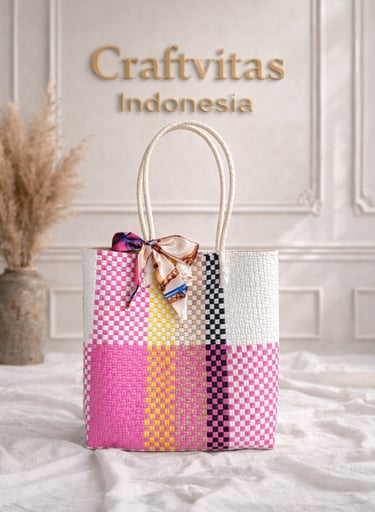 Tas anyaman plastik motif batik kombinasi pink kuning hitam putih handmade Craftvitas Indonesia