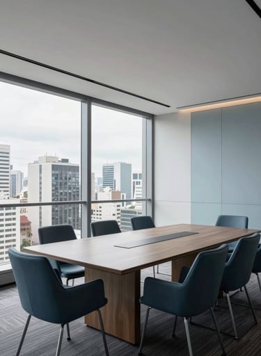 A wide angle shot of a contemporary board room in a South American / Brazilian skyscraper. Large windows reveal a city skyline. The interior has a minimalist design with a large table, chairs in dark slate blue, and pale blue-grey accents. Elegant and professional atmosphere.