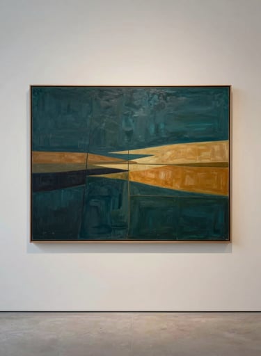 A wide-angle photograph of a large-scale abstract landscape painting hanging on a minimalist soft alabaster wall in a Northern European / Welsh / British art gallery. The painting uses deep midnight teal and warm ochre to depict the energy of the Welsh coastline. Sophisticated, clean atmosphere.