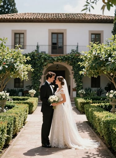 A romantic full-body shot of a bride and groom in elegant attire, standing in a sun-drenched courtyard of a classic Hispanic / Spanish-speaking estate, surrounded by lush greenery and timeless architecture.