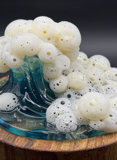 Detailed photography of a resin 'ocean' piece, showing textures of Almond White sea foam and transparent blue-green water on a wooden base.