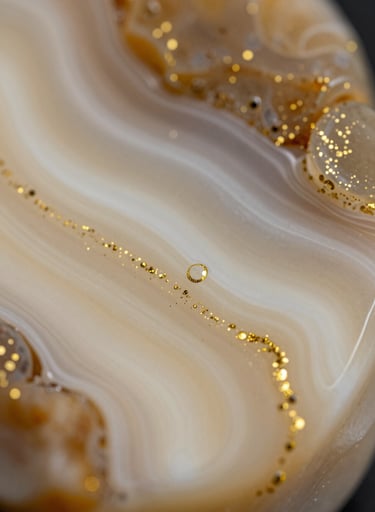 A close-up macro shot of resin textures. The image reveals tiny air bubbles and shimmering gold dust suspended in layers of translucent creamy porcelain and warm stone colors. The lighting is soft and artistic, highlighting the 3D depth of the material.