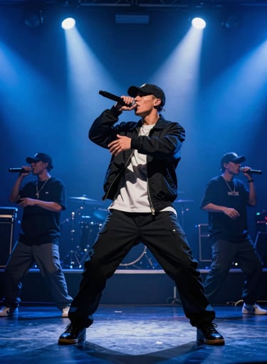 A cinematic photography shot of a high-energy performance in a North American / US music hall. The artist is captured in motion, bathed in dramatic slate blue and muted blue spotlights, creating a bold, immersive atmosphere of hip-hop culture.