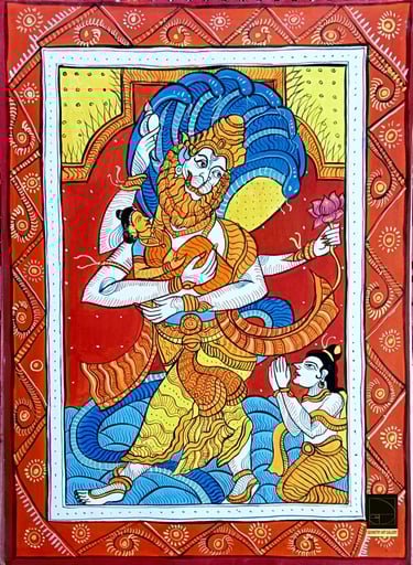 pattachitra art of hindu god narsimha with his devotee prahlad and his consort lakhsmi