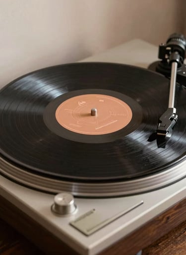 A vintage vinyl record spinning on a high-end turntable with wooden accents, soft lighting, warm brownish grey tones, International / Western.