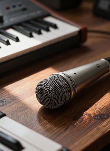 Close-up photography of a professional music production setup in an International / Western studio. A high-quality microphone and a sleek synthesizer are arranged on a dark brown wooden desk. The composition is artistic and personal, with a single ray of sunlight adding warmth.