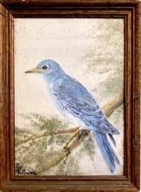 a painting of a bluebird perched on a branch of a tree