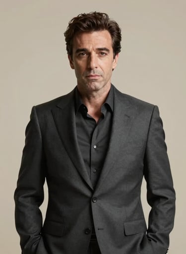 Elegant album cover art for an Italian tenor. A dramatic chiaroscuro portrait of the artist in a dark anthracite suit (#262626) against a soft sand (#DDCBC0) backdrop. Sophisticated lighting highlights the emotional expression.