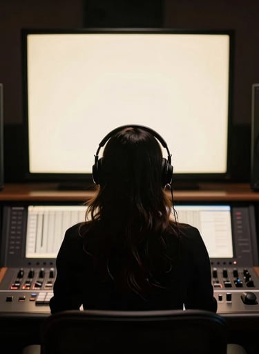 A professional female music producer silhouette in front of large studio monitors, warm pearl cream glow from the screens.