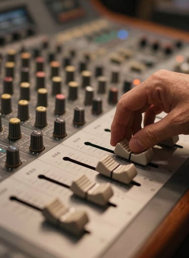 Close-up of a music producer's hands adjusting faders on a professional mixing console. The lighting is warm beige, highlighting the textures of the equipment and mahogany wood accents. Cinematic depth of field.