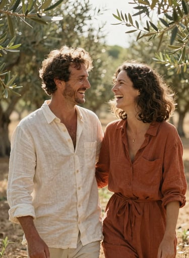 Medium shot of a couple laughing together in a sun-lit olive grove in Spain, natural cinematic style, soft sun flares, wearing linen clothes in cream and terracotta.