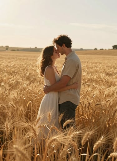 A couple embracing lovingly in the middle of a golden wheat field, Iberian landscape, warm cinematic backlighting, rich earthy tones.