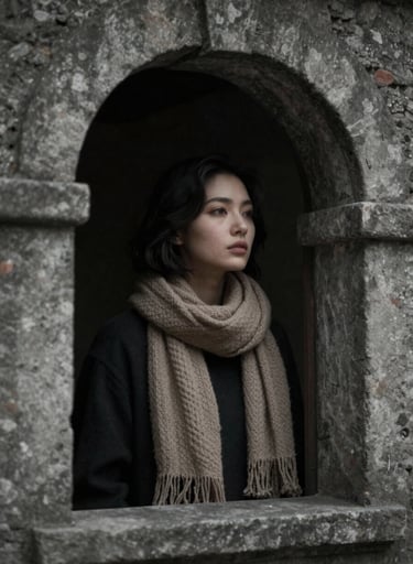 A cinematic portrait of a person looking through an arched stone window. The lighting is soft and moody with deep #262626 shadows. They are wearing a textured #C4B29A scarf. The composition captures a moment of quiet reflection and presence, with a vintage film grain texture.