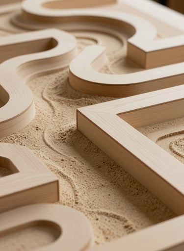 A close-up, high-angle shot of a complex topographic architectural model made of warm sand beige wood and textured paper. The composition is minimalist, highlighting clean lines and geometric shapes. Soft, diffused natural light.