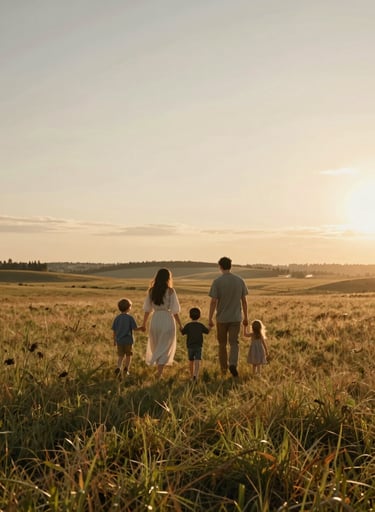 A wide-angle cinematic shot of a family walking hand-in-hand through a grassy meadow in a North American / US rural landscape at sunset. The scene is filled with warm, hazy light and soft sand tones.