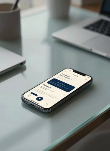 Cinematic and minimalist shot of a creative workspace in a North American / US skyscraper, focusing on a clean glass table with a single smartphone showing a professional mobile app design with soft off-white and dark navy colors.
