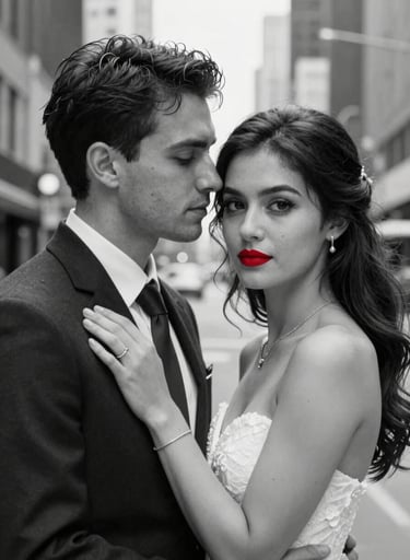 A black and white portrait of a couple in a North American / US city setting, with selective red color appearing only on the bride's red lipstick, cinematic and sharp.