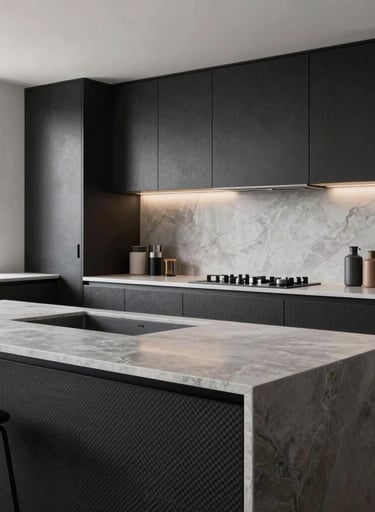 Modern kitchen design with carbon black cabinetry and light silver stone countertops, clean lines, minimalist aesthetic, bright natural light.