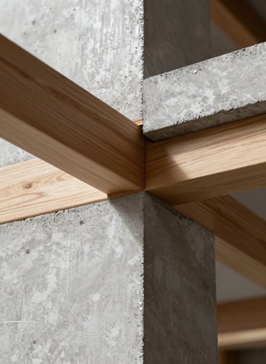 Close-up architectural detail of wood joinery and concrete textures. The palette is dominated by light silver gray concrete and warm wood. High-contrast lighting highlights the technical rigor of the construction. Sophisticated and clean aesthetic.