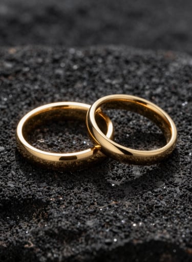Macro photography of two gold wedding rings resting on a dark, textured volcanic stone. Dramatic side lighting creates long shadows and emphasizes the brilliance of the metal. Elegant and minimal composition.
