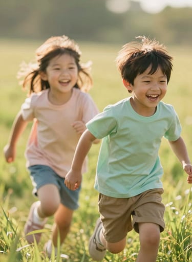 A candid, close-up shot of two children laughing while running through tall grass. Soft, sun-drenched backlighting creates a dreamy halo effect. Warm tones with colors reflecting #F8F0E3 and #8C4E40.