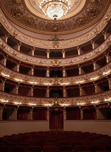 An elegant shot of an ornate opera house interior, focusing on the intricate gold leafing and red velvet curtains. The composition is regal and balanced, showcasing the grandeur of the setting using #8D6A6A and #C8B8B8.