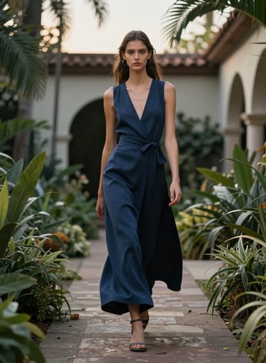 A cinematic video thumbnail of a fashion model walking through a lush South American architectural garden, soft evening sunlight, high-end editorial style, muted charcoal and blue tones.