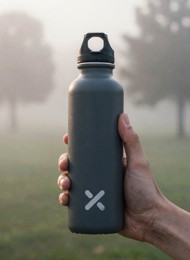 A close-up, authentic shot of a hand holding a dark charcoal water bottle with a modern logo. The background is a soft-focus outdoor park setting at dawn with silver sage tones in the morning mist.