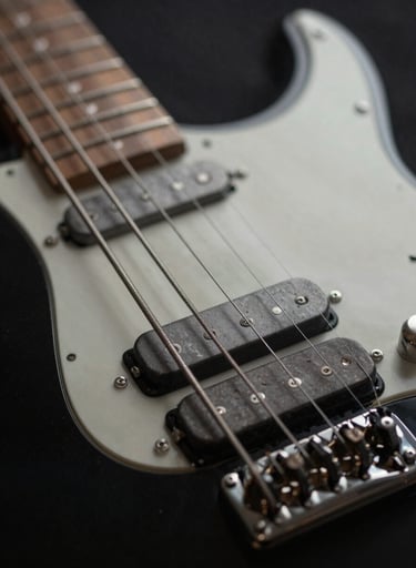 Macro shot of electric guitar strings, deep charcoal black background, soft mist off-white light reflecting off the steel, gritty and industrial texture.
