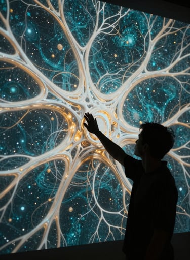 A cinematic side-lit photograph of a person's silhouette reaching toward a wall-sized digital projection. The projection consists of complex, flowing organic networks in Soft Alabaster White and Burnished Gold against a Deep Atlantic Teal background, resembling both neural pathways and celestial maps.